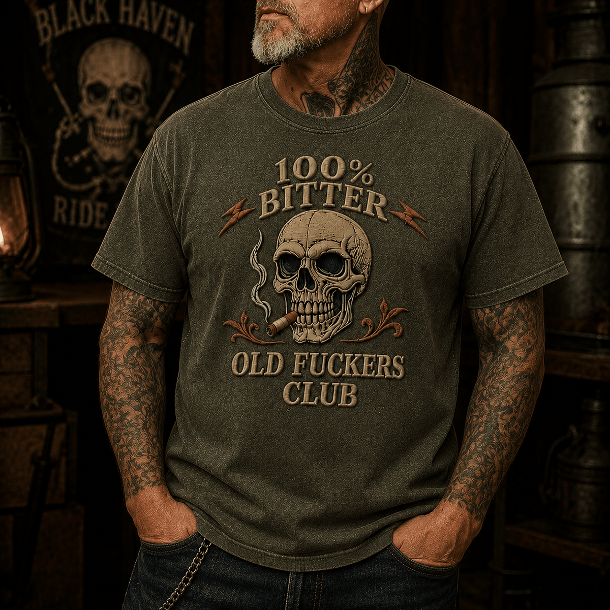 Bitter Old Fuckers Club Skull Smoking Cigar Printed T Shirt Funny Graphic Tee Gift for Men Grandpa Dad Patriotic