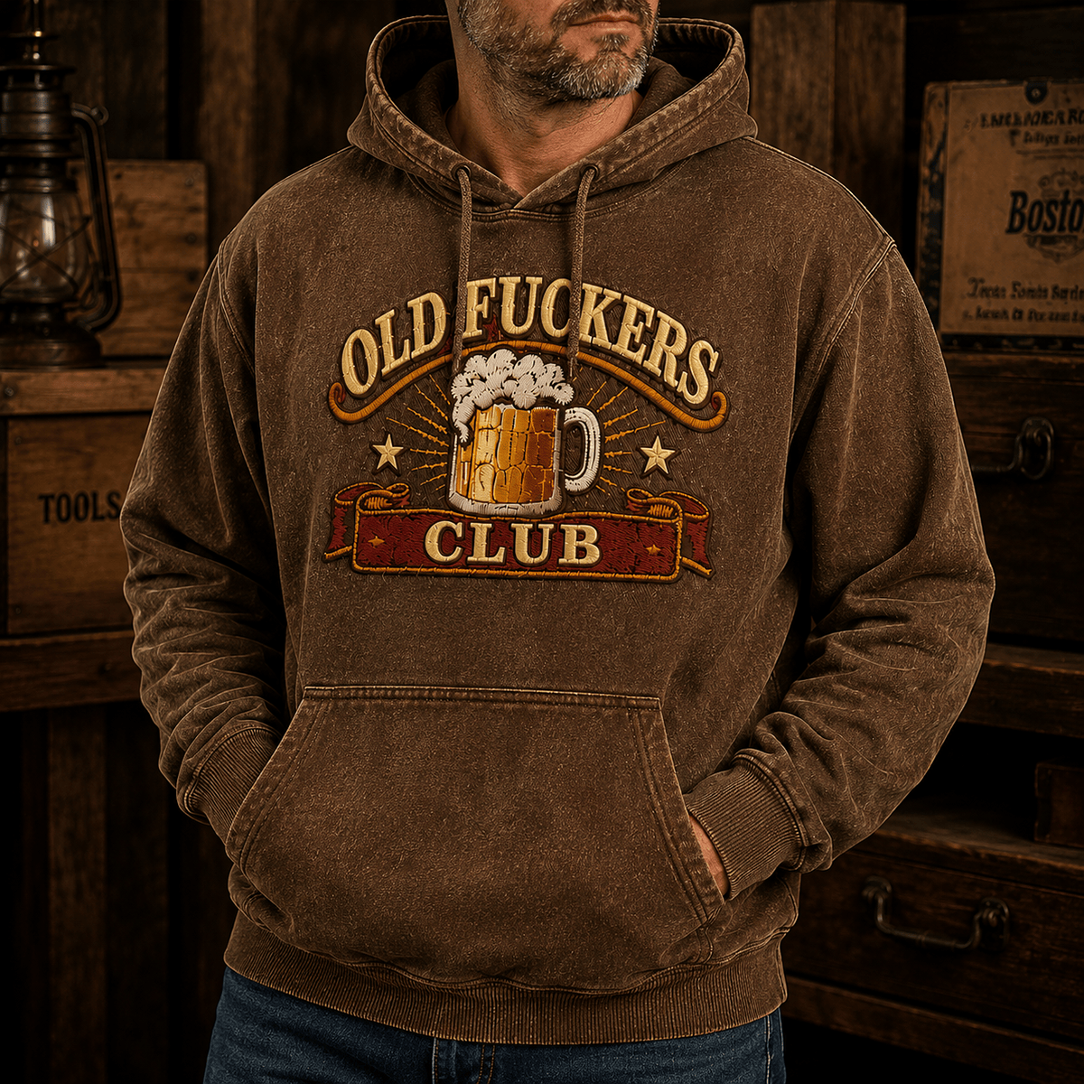 Old Fuckers Club Beer Mug Printed Hoodie Funny Drinking Graphic Hoodie Vintage Bar Pub Party Gift for Men Dad Grandpa Beer Lover