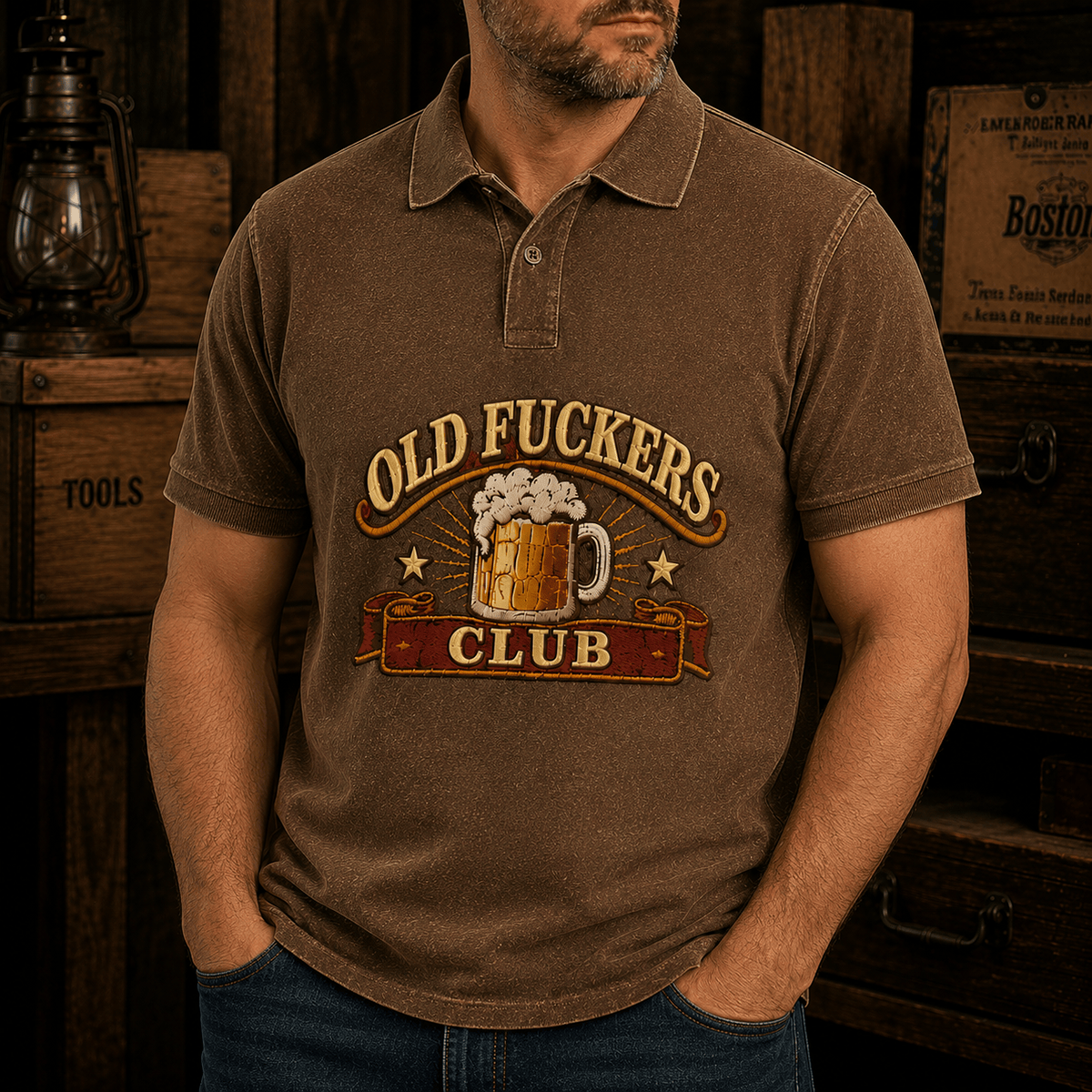 Old Fuckers Club Beer Mug Printed Polo Shirt Funny Drinking Graphic Vintage Bar Pub Party Gift for Men Dad Grandpa Beer Lover