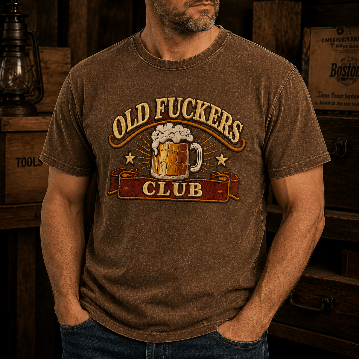Old Fuckers Club Beer Mug Printed T Shirt Funny Drinking Graphic Tee Vintage Bar Pub Party Gift for Men Dad Grandpa Beer Lover