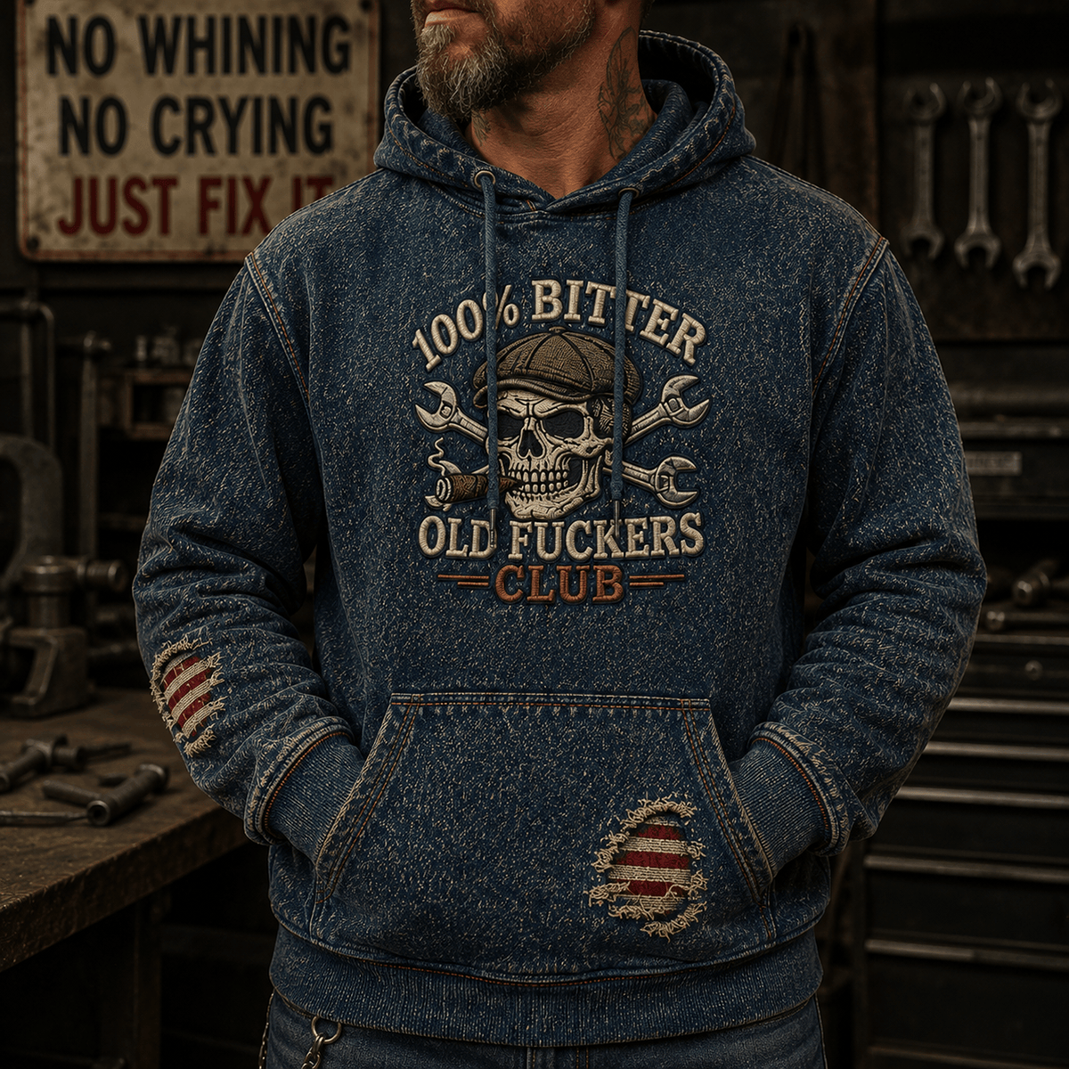 Old Fuckers Club Printed Hoodie Funny Skull Mechanic Hoodie Skull Hoodie Gift for Men Dad Gift Auto Mechanic Graphic Hoodie
