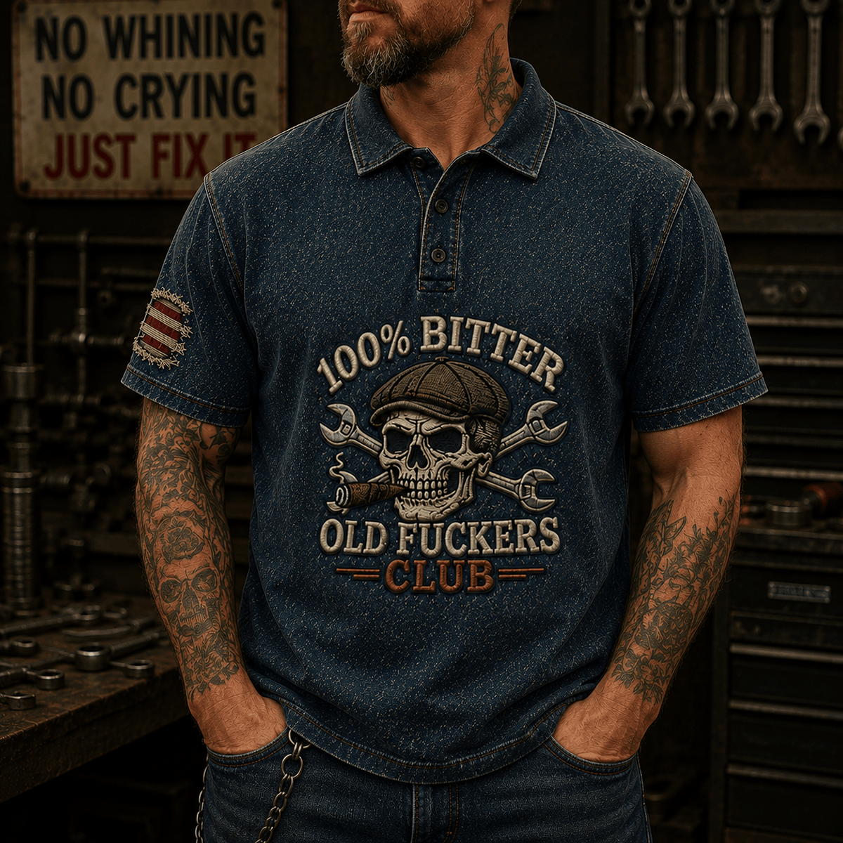 Old Fuckers Club Printed Polo Shirt Funny Skull Mechanic Polo Shirt Gift for Men Dad Gift Auto Mechanic Graphic Polo