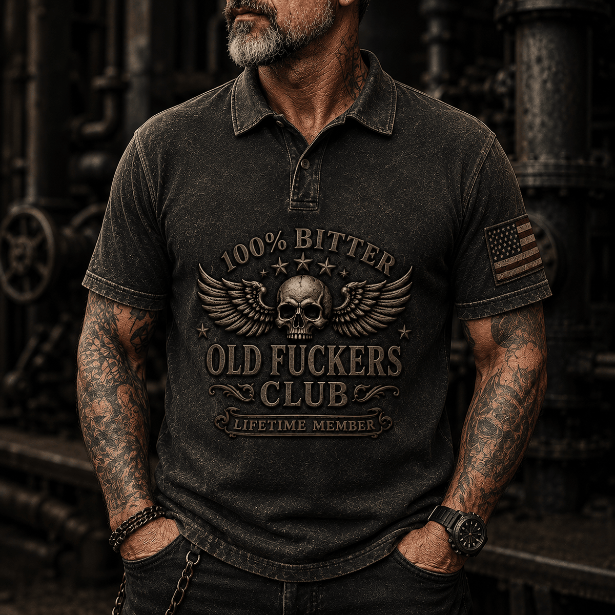 Old Fuckers Club Printed Polo Shirt Winged Skull Polo Shirt Funny Skull Shirt Gift for Men Dad Gift Biker Style Lifetime Member