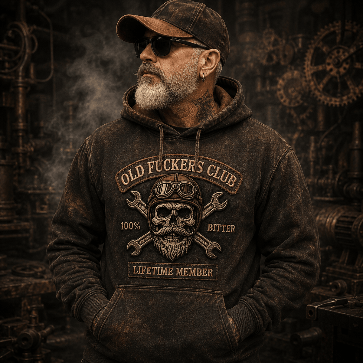 Old Fuckers Club Printed Hoodie Funny Mechanic Hoodie Skull Mechanic Hoodie Gift for Dad Gift for Men Biker Hoodie