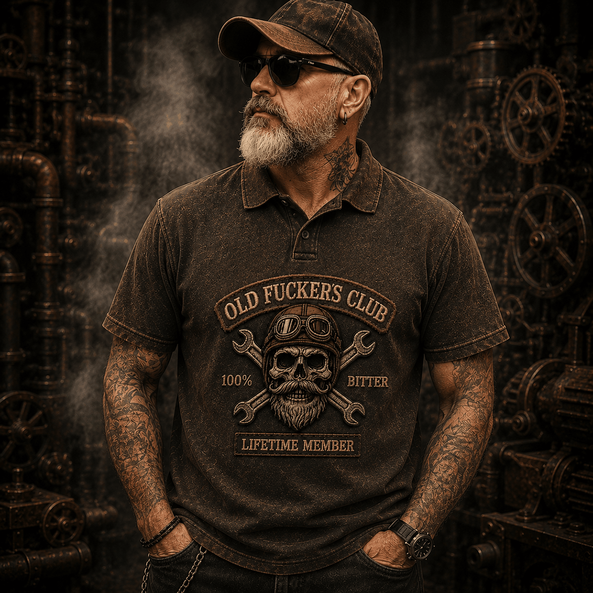 Old Fuckers Club Printed Polo Shirt Funny Mechanic Polo Shirt Skull Mechanic Shirt Gift for Dad Gift for Men Biker Polo