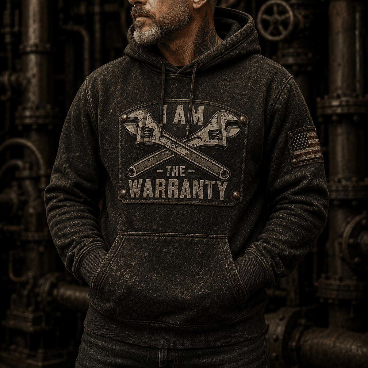 I Am The Warranty Printed Hoodie Funny Mechanic Hoodie Crossed Wrench Graphic Auto Repair Technician Gift for Dad Automotive Enthusiast