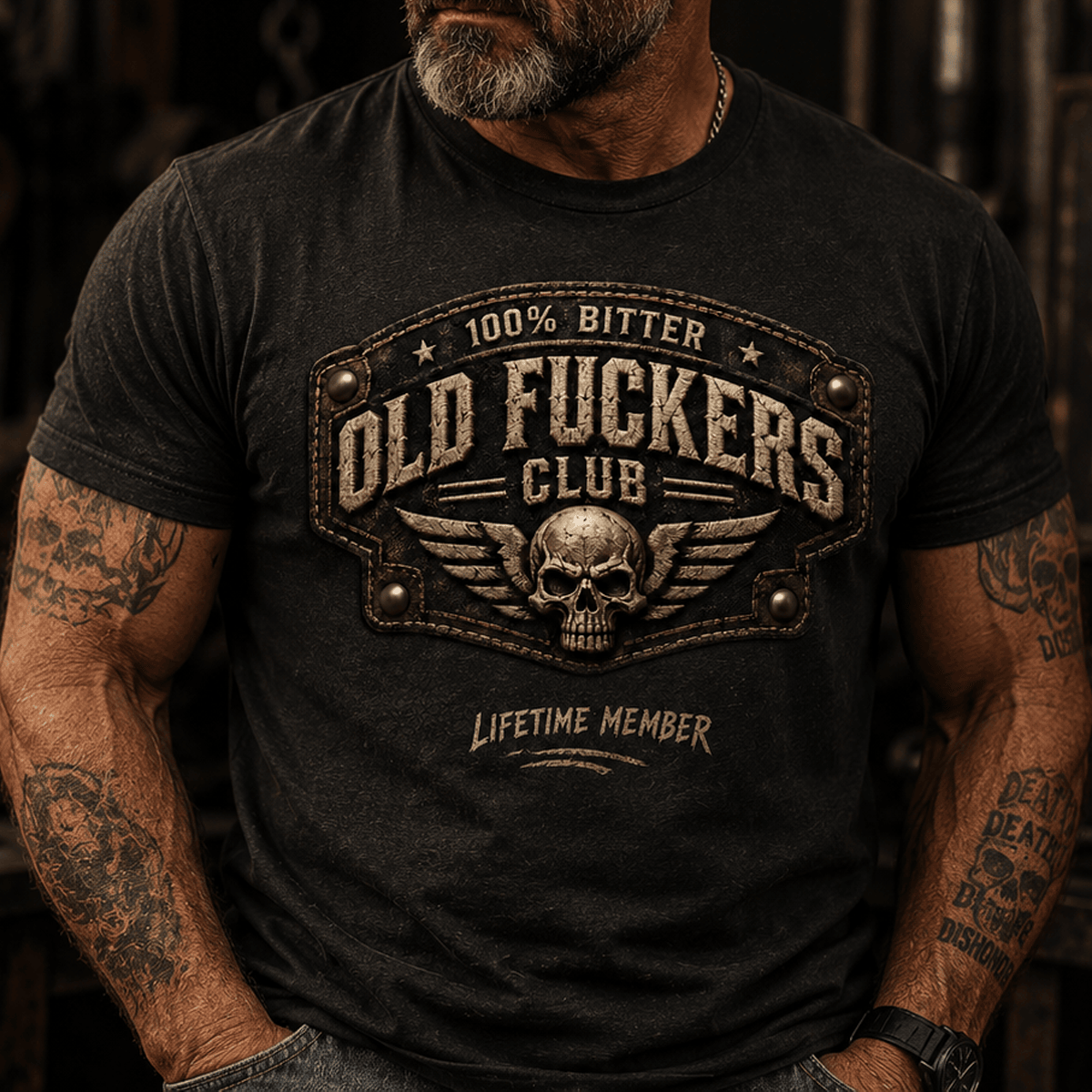 Old Fuckers Club Lifetime Member Printed T Shirt Funny Skull Graphic Tee Vintage Biker Gift for Dad Grandpa Birthday Retirement