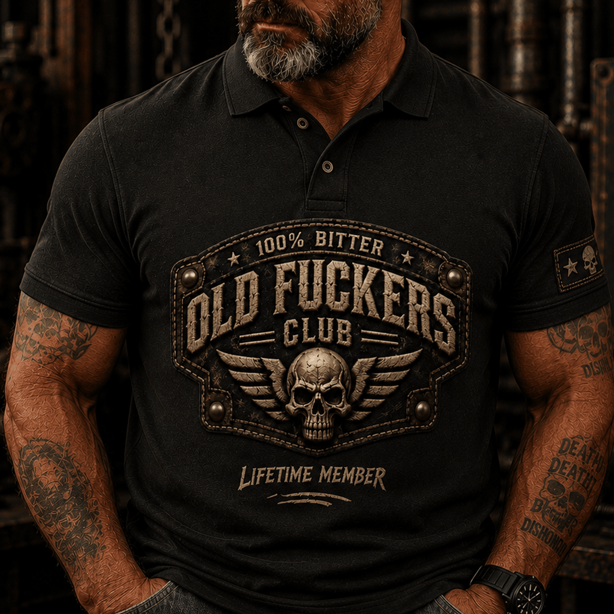Old Fuckers Club Lifetime Member Printed Polo Shirt Funny Skull Graphic Vintage Biker Mechanic Gift for Dad Grandpa