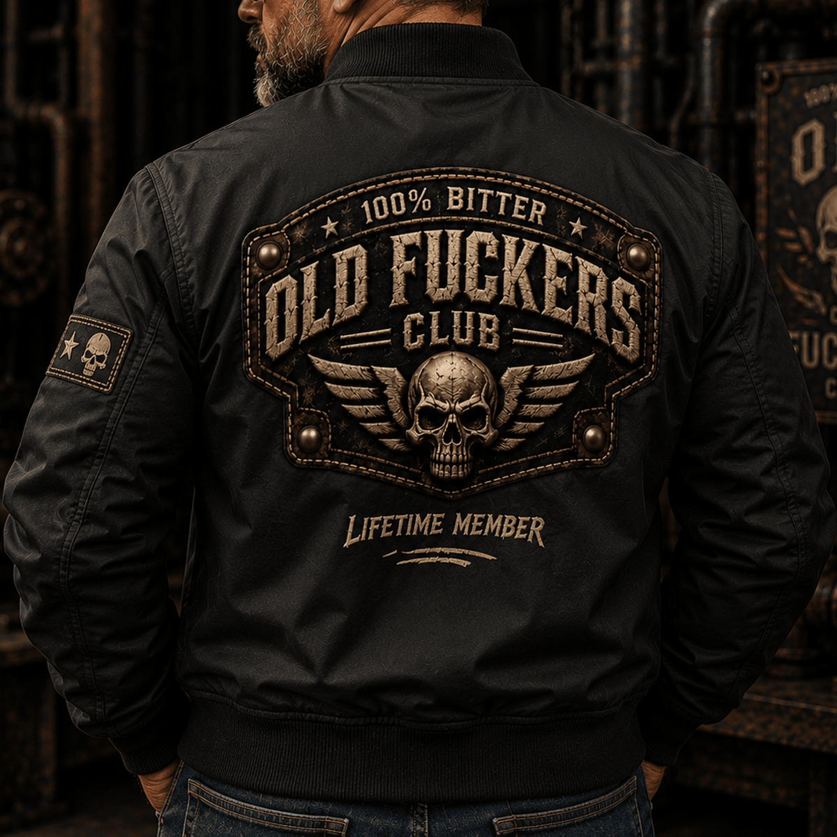 Old Fuckers Club Lifetime Member Printed Bomber Jacket Funny Skull Graphic Vintage Biker Jacket Gift for Dad Grandpa Back Print