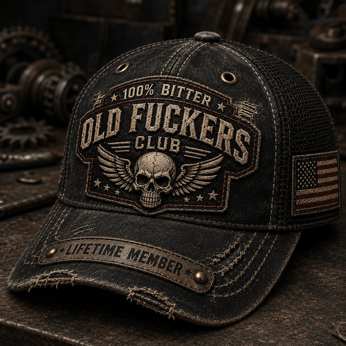 Old Fuckers Club Lifetime Member Printed Trucker Hat Funny Skull Hat Vintage Baseball Cap Gift for Dad Grandpa USA Flag