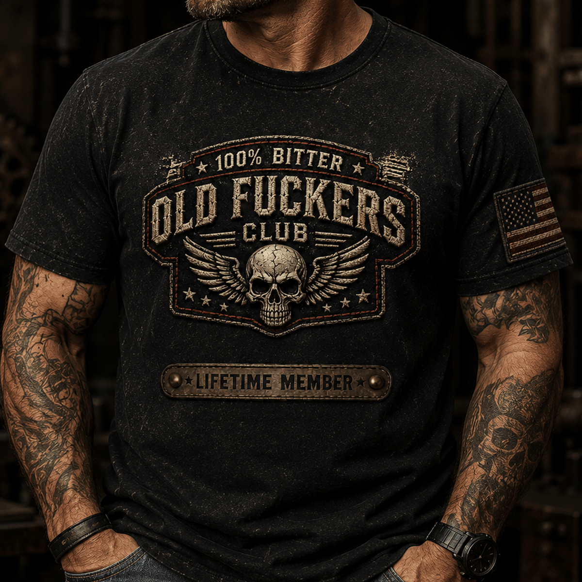 Old Fuckers Club Lifetime Member Printed T Shirt Funny Skull Graphic Vintage Biker Gift for Dad Grandpa Humor Tee