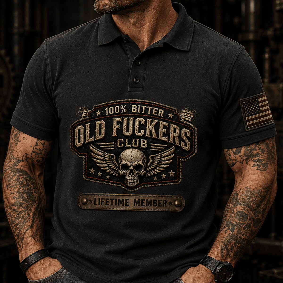 Old Fuckers Club Lifetime Member Printed Polo Shirt Funny Skull Graphic Vintage Biker Gift for Dad Grandpa
