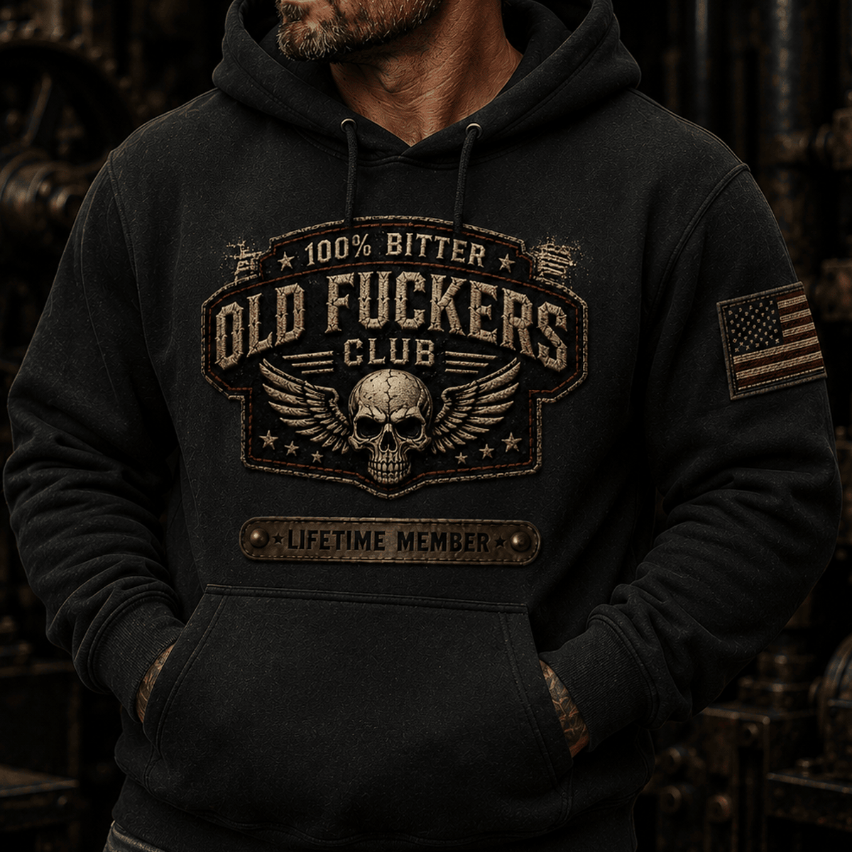 Old Fuckers Club Lifetime Member Printed Hoodie Funny Skull Graphic Vintage Biker Gift for Dad Grandpa