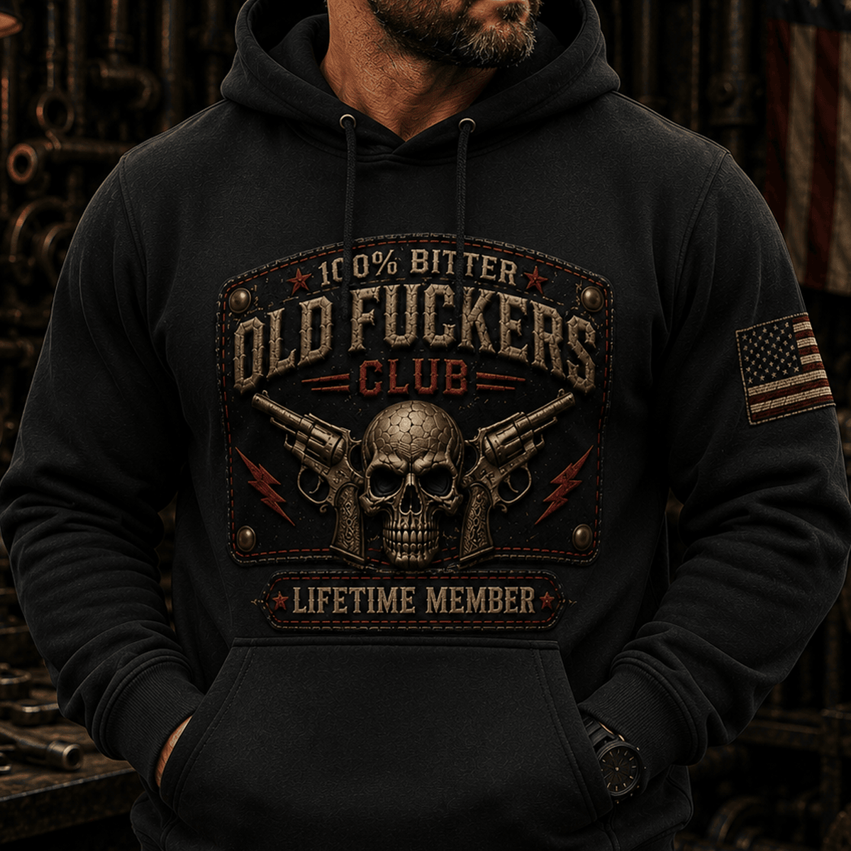 Old Fuckers Club Lifetime Member Printed Hoodie Skull Revolver Graphic Funny Vintage Gift for Dad Grandpa
