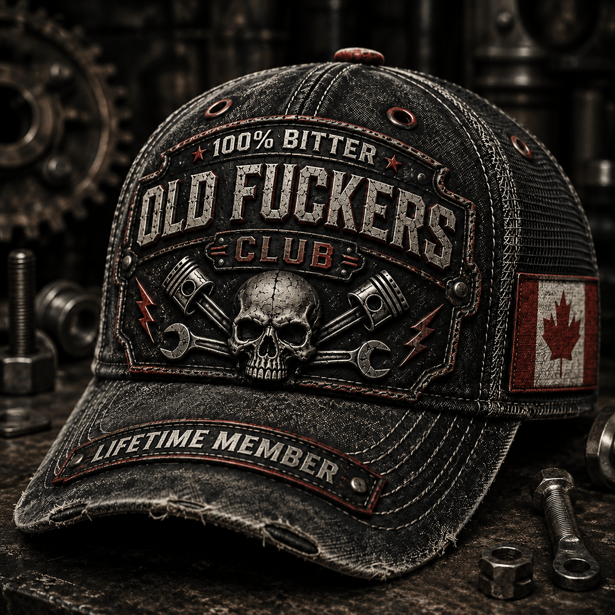 Old Fuckers Club Lifetime Member Printed Trucker Hat Skull Piston Wrench Mechanic Graphic Funny Garage Gift for Dad Grandpa Canada Flag