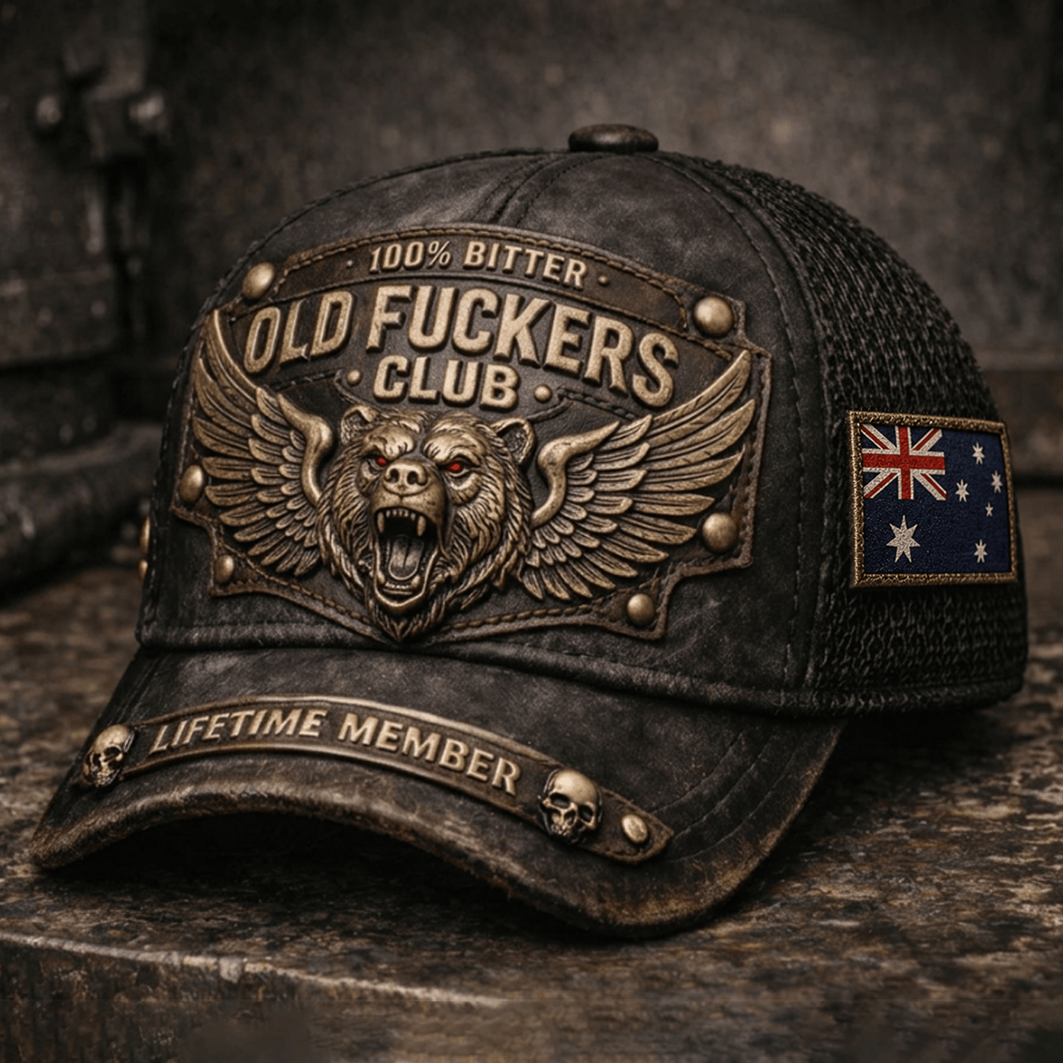 Old Fuckers Club Lifetime Member Printed Trucker Hat Flying Bear Skull Graphic Funny Gift for Dad Grandpa Australia Flag