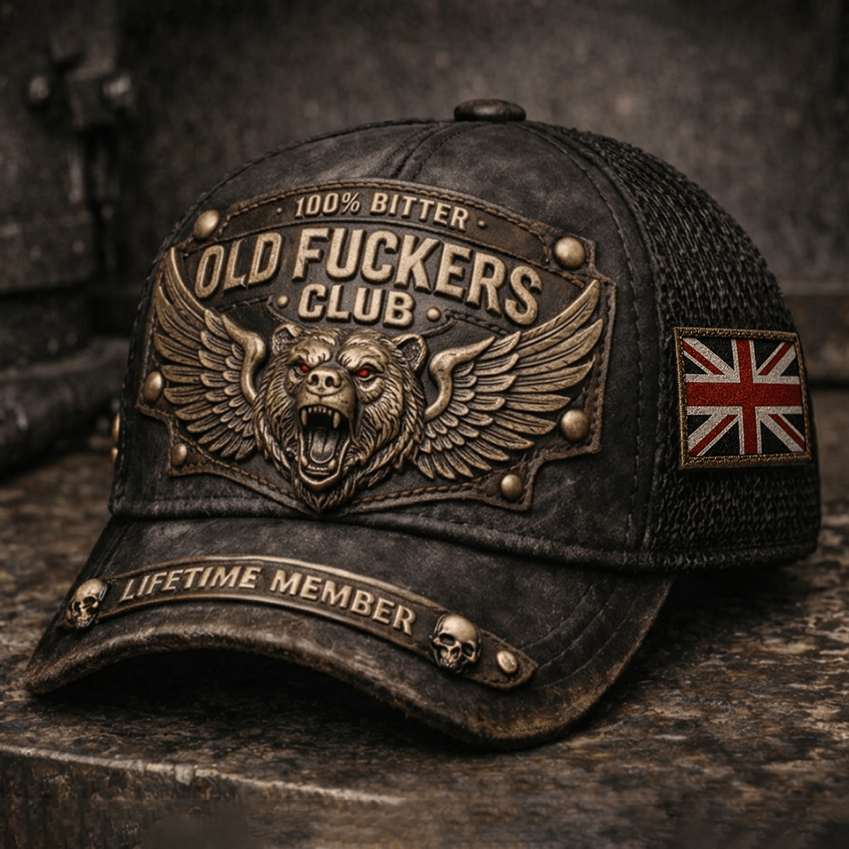 Old Fuckers Club Lifetime Member Printed Trucker Hat Flying Bear Skull Graphic Funny Gift for Dad Grandpa UK Flag
