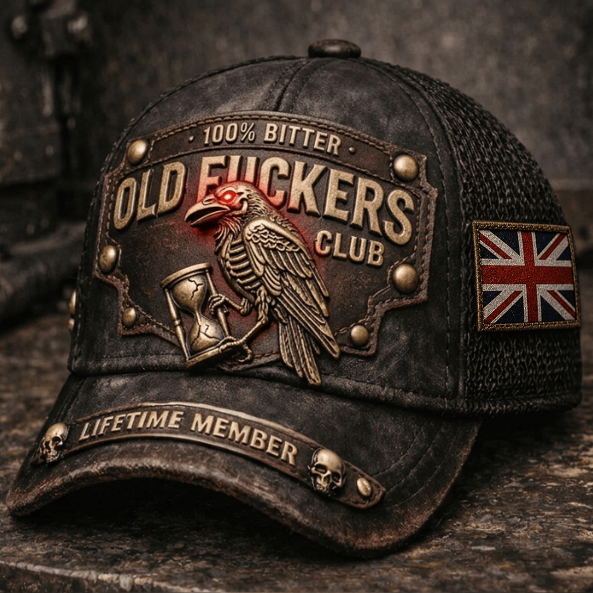 Old Fuckers Club Lifetime Member Printed Trucker Hat Raven with Hourglass Graphic Funny Gift for Dad Grandpa UK Flag Cap