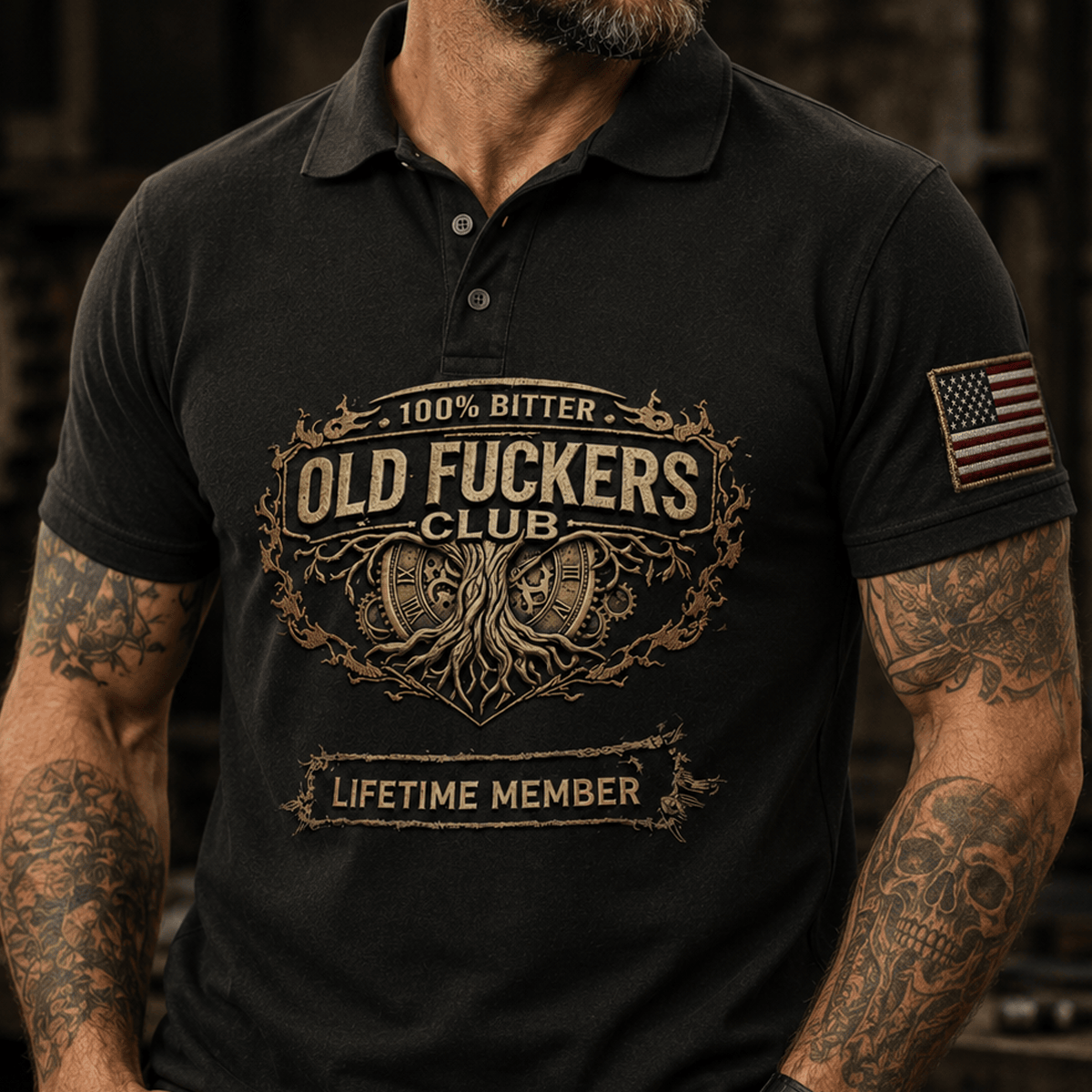 Old Fuckers Club Lifetime Member Printed Polo Shirt Tree of Life Steampunk Gear Graphic Funny Gift for Men
