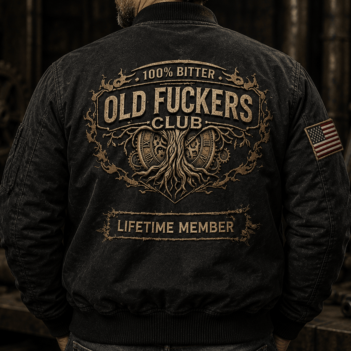 Old Fuckers Club Lifetime Member Printed Bomber Jacket Funny Grandpa Jacket Vintage Graphic Gift for Dad Men