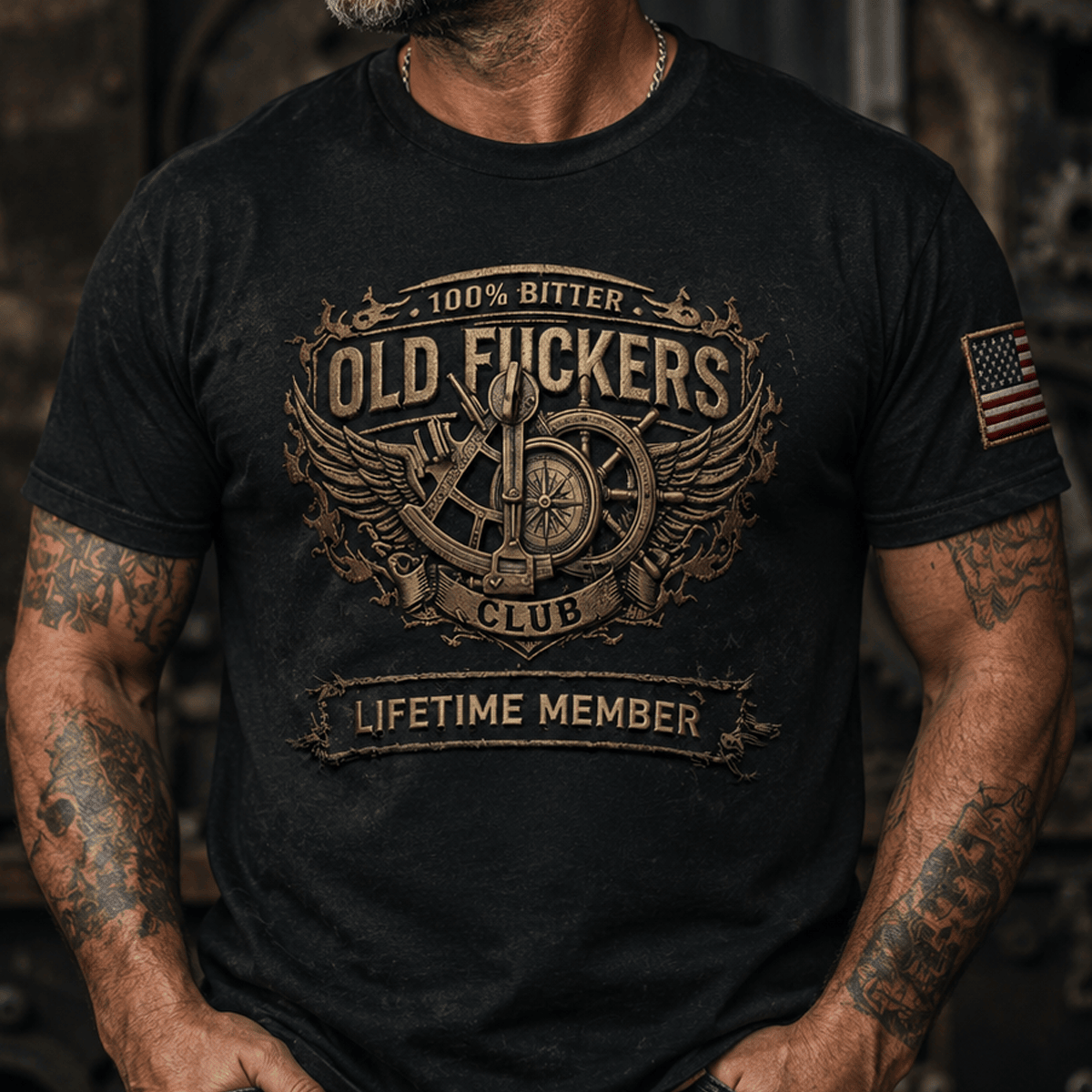 Old Fuckers Club Printed T Shirt Vintage Skull Compass Anchor Wheel Graphic Tee Funny Grandpa Shirt Gift for Dad Men