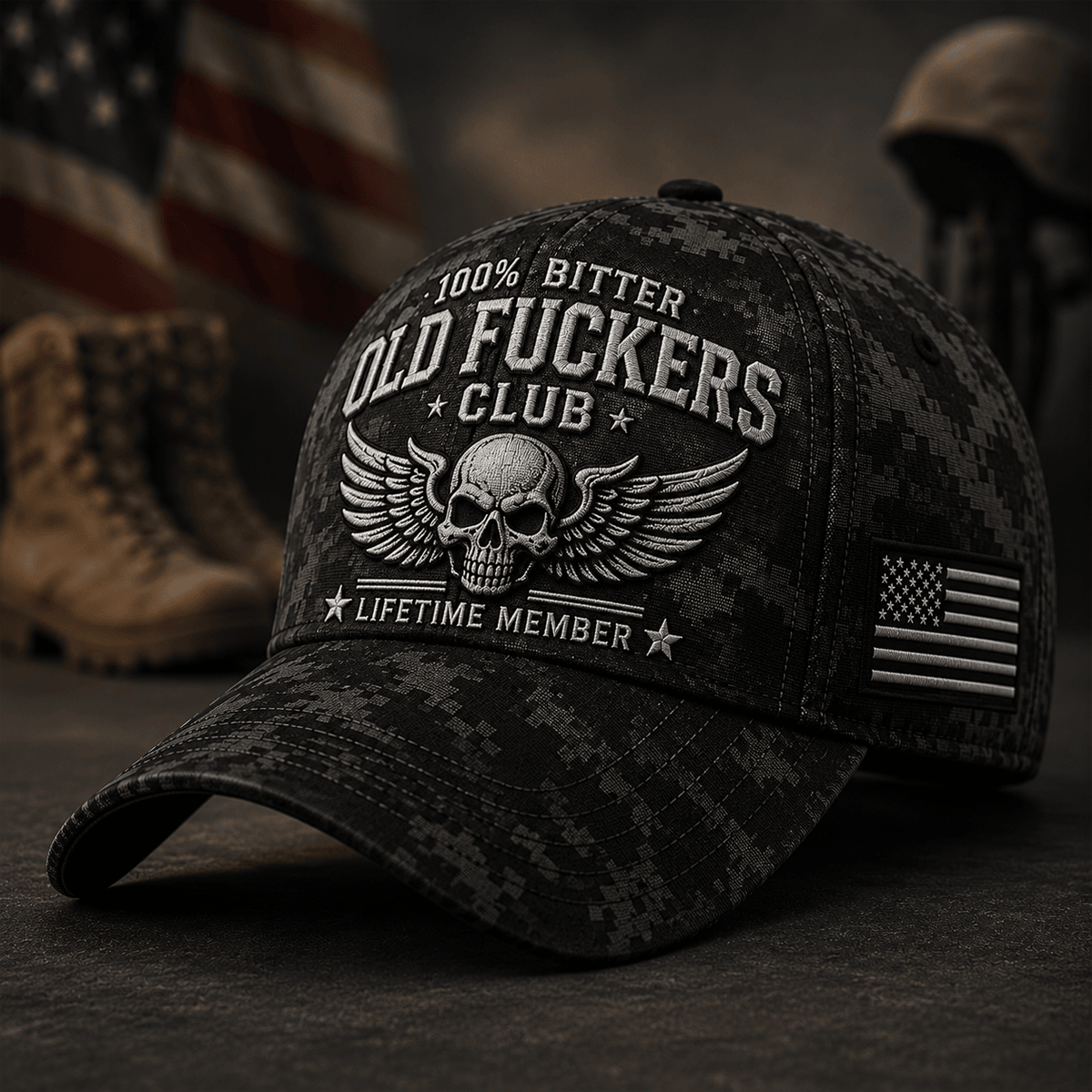 Old Fuckers Club Printed Skull Wings Camo Baseball Cap Funny Dad Hat Military Style Lifetime Member Gift for Men