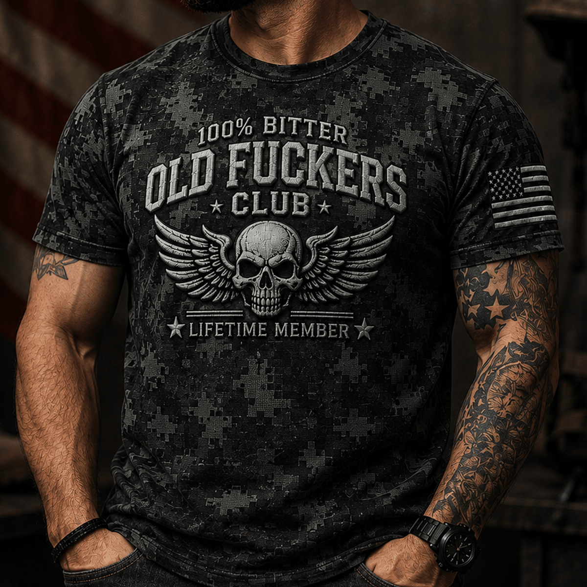 Old Fuckers Club Printed Skull Wings Camo T Shirt Funny Graphic Tee Military Style Lifetime Member Gift for Men Dad Grandpa