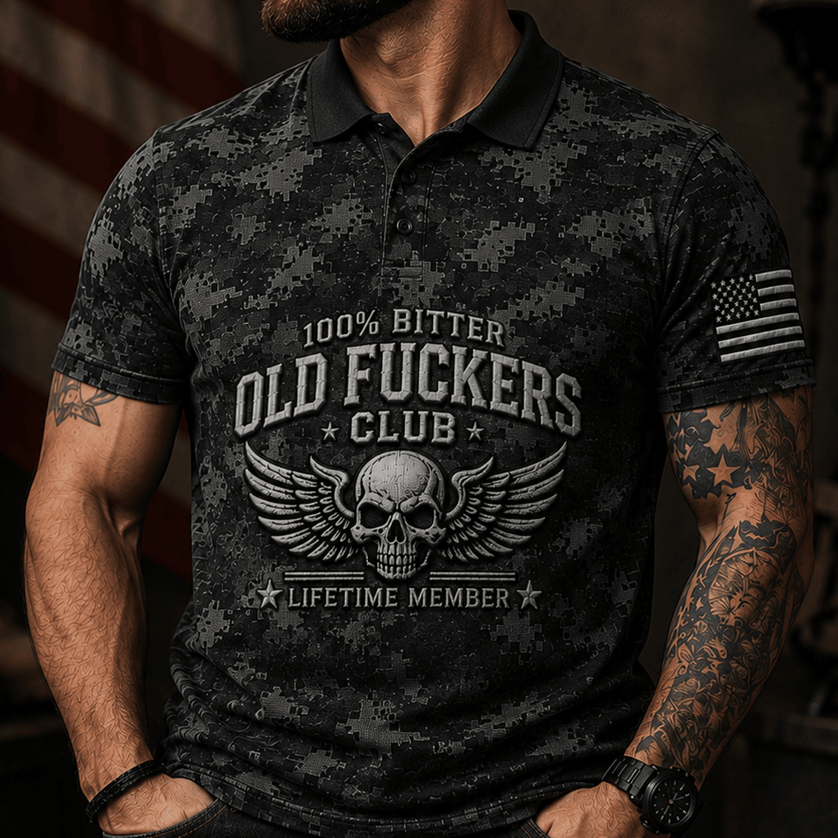 Old Fuckers Club Printed Skull Wings Camo Polo Shirt Funny Graphic Polo Military Style Lifetime Member Gift for Men Dad