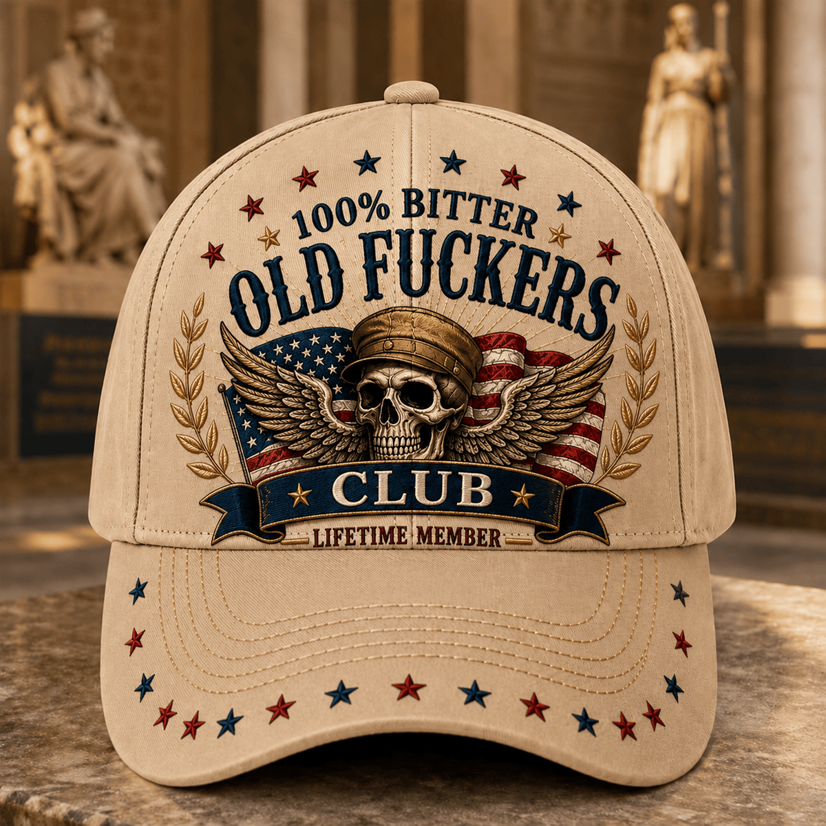 Old Fuckers Club Printed Skull Wings American Flag Baseball Cap Funny Patriotic Hat Lifetime Member Gift for Men Dad Grandpa