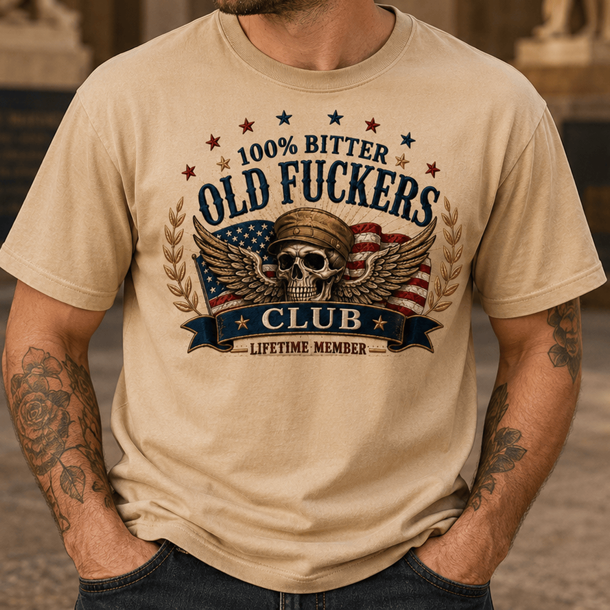 Old Fuckers Club Printed Skull Wings American Flag T Shirt Funny Patriotic Graphic Tee Lifetime Member Gift for Men Dad Grandpa