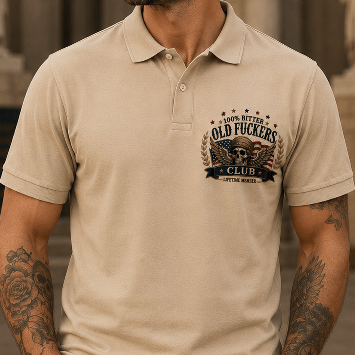 Old Fuckers Club Printed Skull Wings American Flag Polo Shirt Funny Patriotic Graphic Polo Lifetime Member Gift for Men Dad