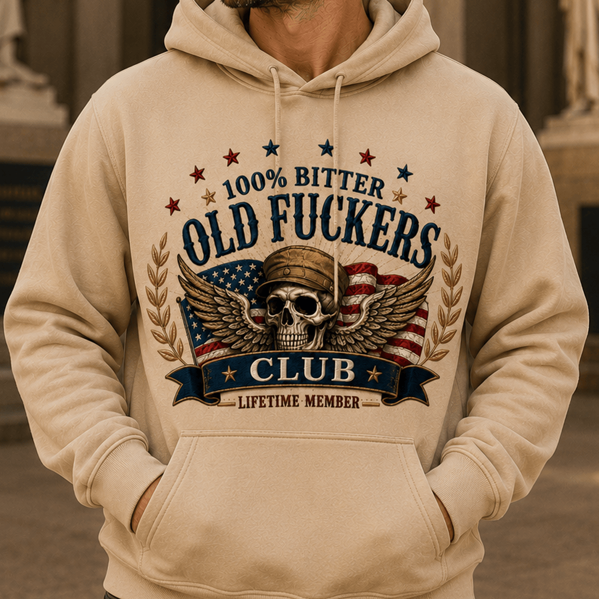 Old Fuckers Club Printed Skull Wings American Flag Hoodie Funny Patriotic Graphic Hoodie Lifetime Member Gift for Men Dad Grandpa