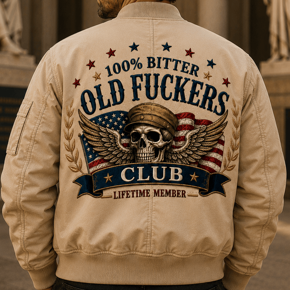 Old Fuckers Club Printed Skull Wings American Flag Bomber Jacket Funny Patriotic Graphic Lifetime Member Gift for Men Dad Grandpa