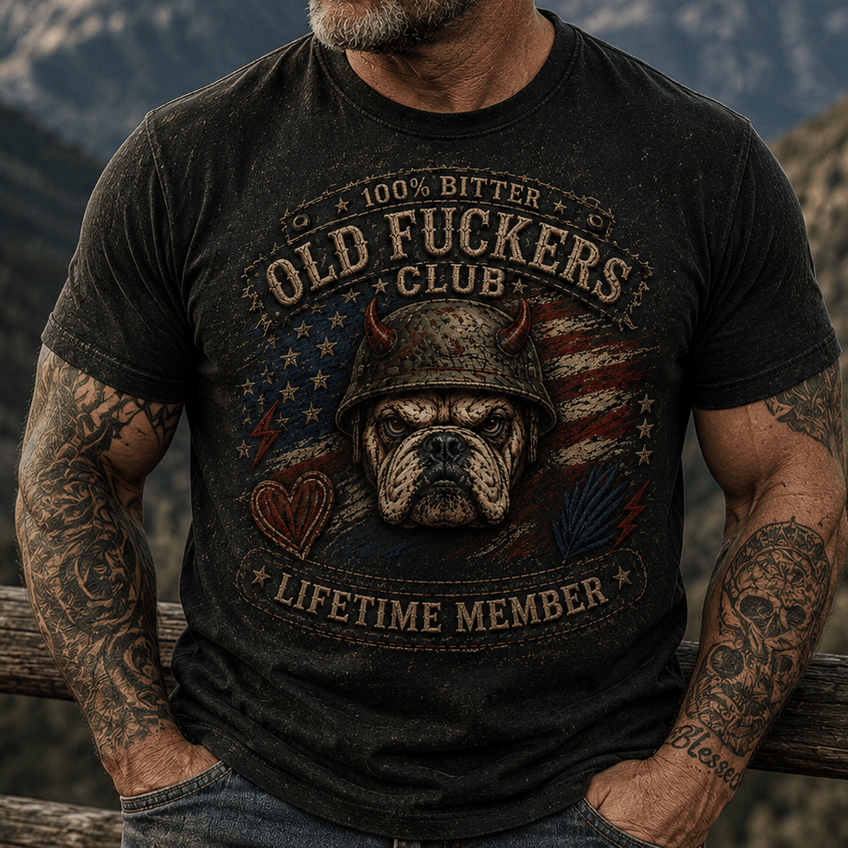 Old Fuckers Club Printed Bulldog American Flag T Shirt Funny Dog Lover Graphic Tee Lifetime Member Gift for Men Dad Grandpa
