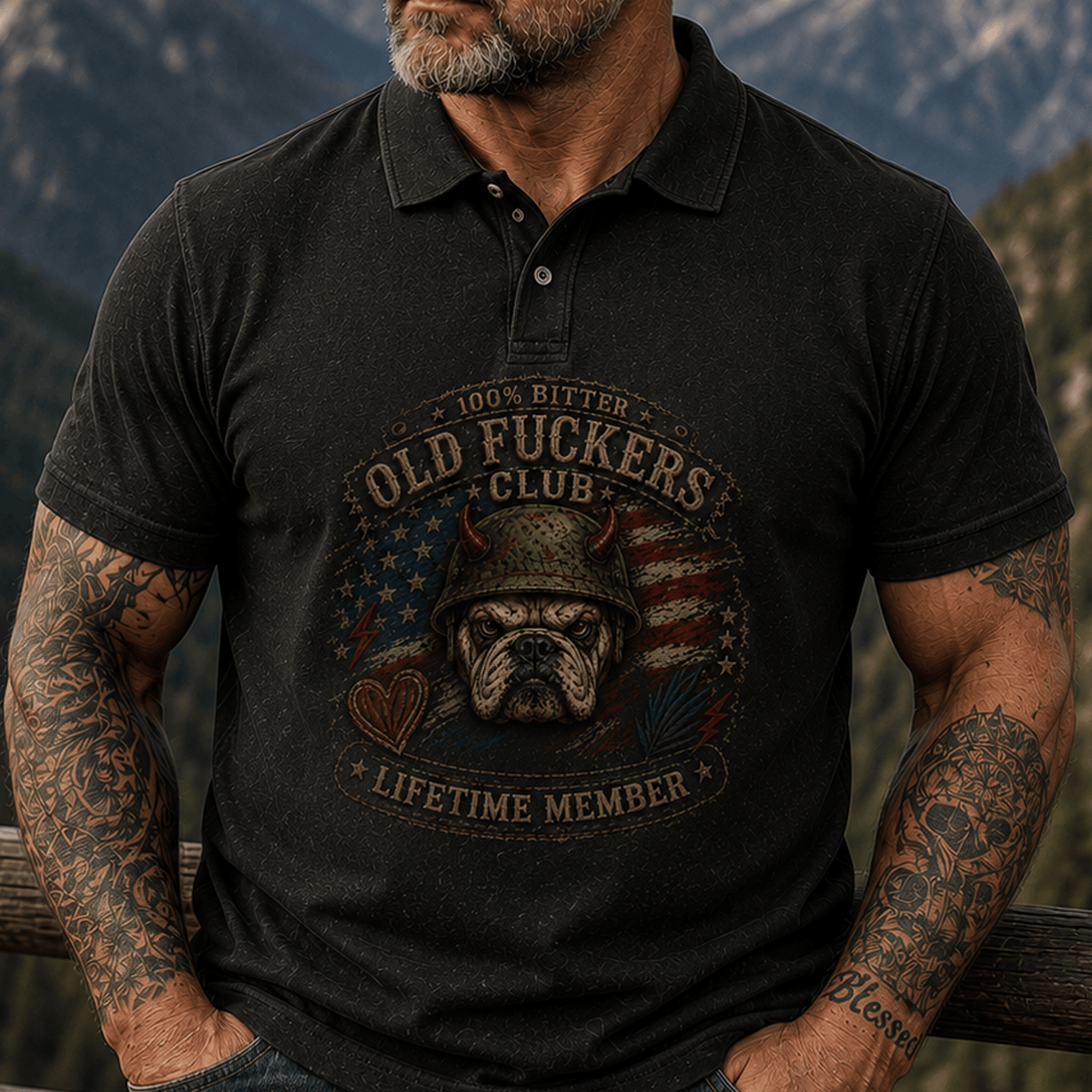 Old Fuckers Club Printed Bulldog American Flag Polo Shirt Funny Dog Lover Graphic Polo Lifetime Member Gift for Men Dad Grandpa