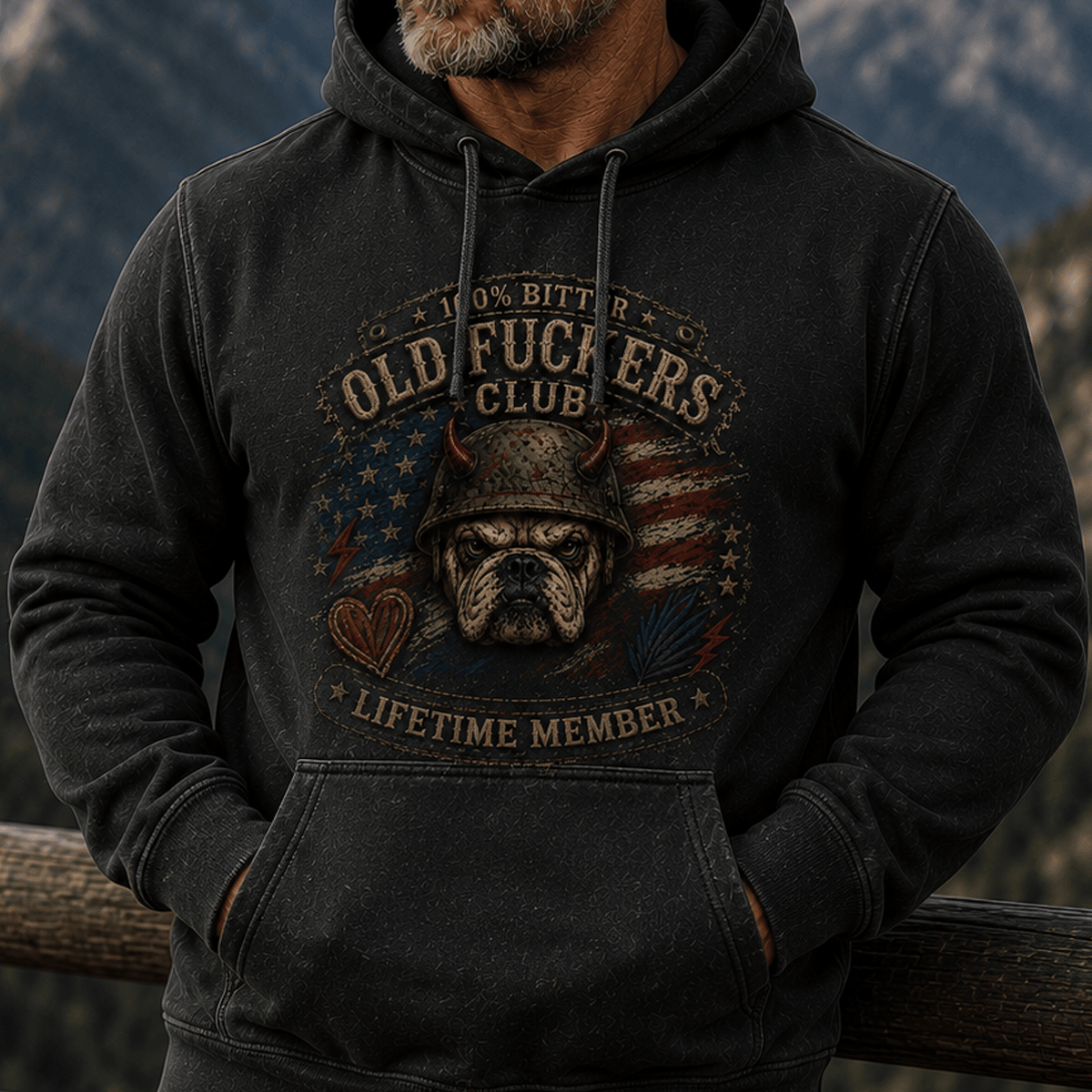 Old Fuckers Club Printed Bulldog American Flag Hoodie Funny Dog Lover Graphic Hoodie Lifetime Member Gift for Men Dad Grandpa