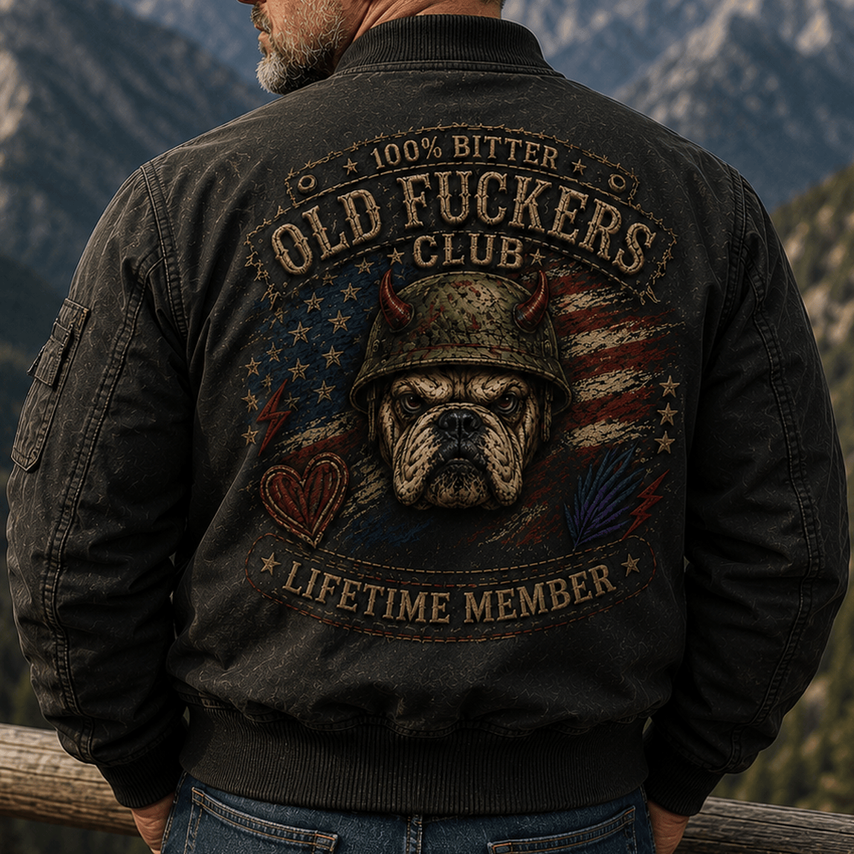 Old Fuckers Club Printed Bulldog American Flag Bomber Jacket Funny Dog Lover Graphic Lifetime Member Gift for Men Dad Grandpa