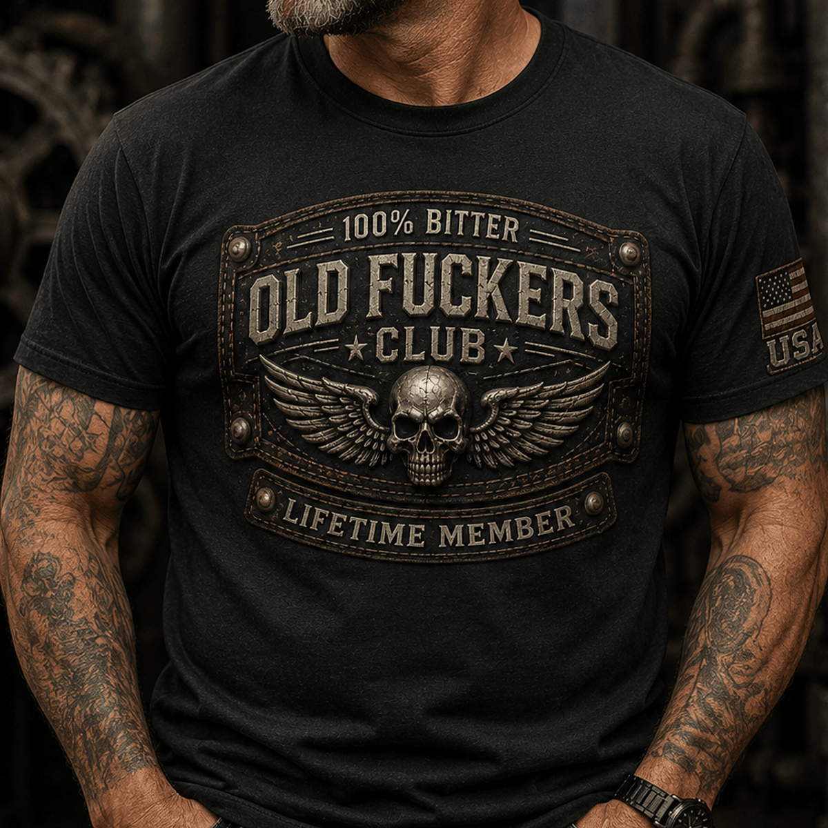 Bitter Old Fuckers Club Lifetime Member Printed Skull Wing T Shirt Funny Vintage Biker Graphic Tee Gift for Men Dad Grandpa