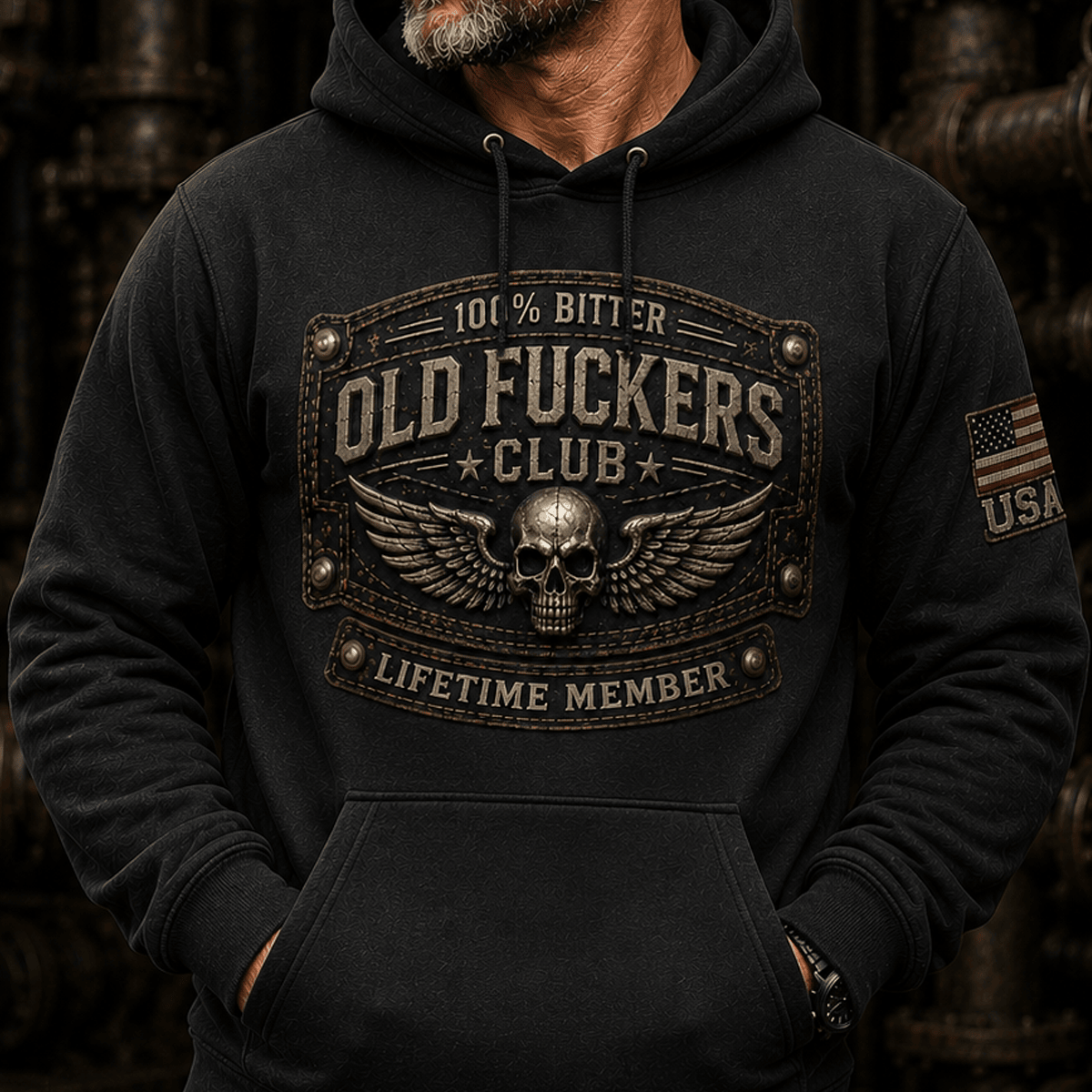 Bitter Old Fuckers Club Lifetime Member Printed Skull Wing Hoodie Funny Vintage Biker Graphic Hooded Sweatshirt Gift for Men Dad Grandpa