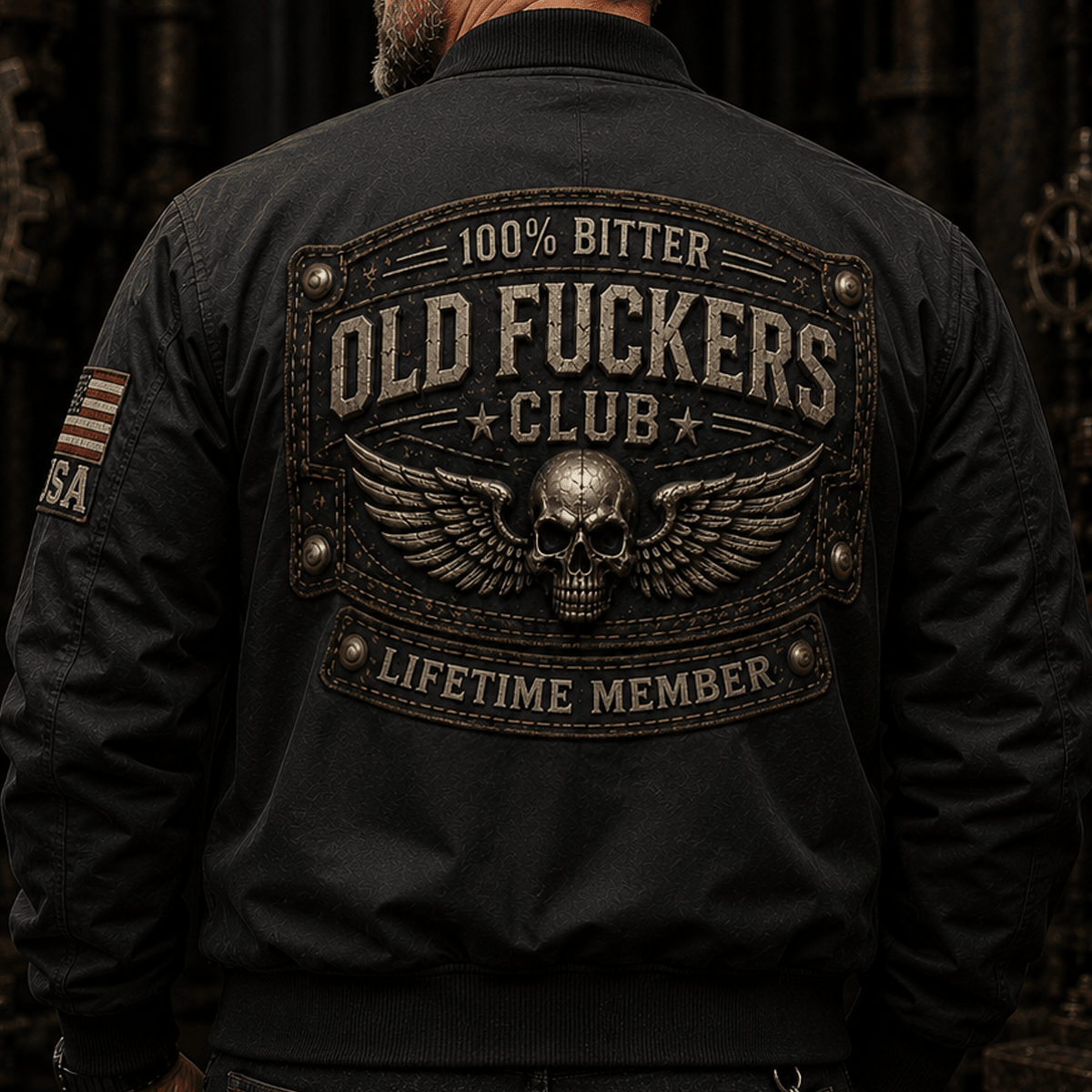 Bitter Old Fuckers Club Lifetime Member Printed Skull Wing Bomber Jacket Funny Vintage Biker Graphic Gift for Men Dad Grandpa