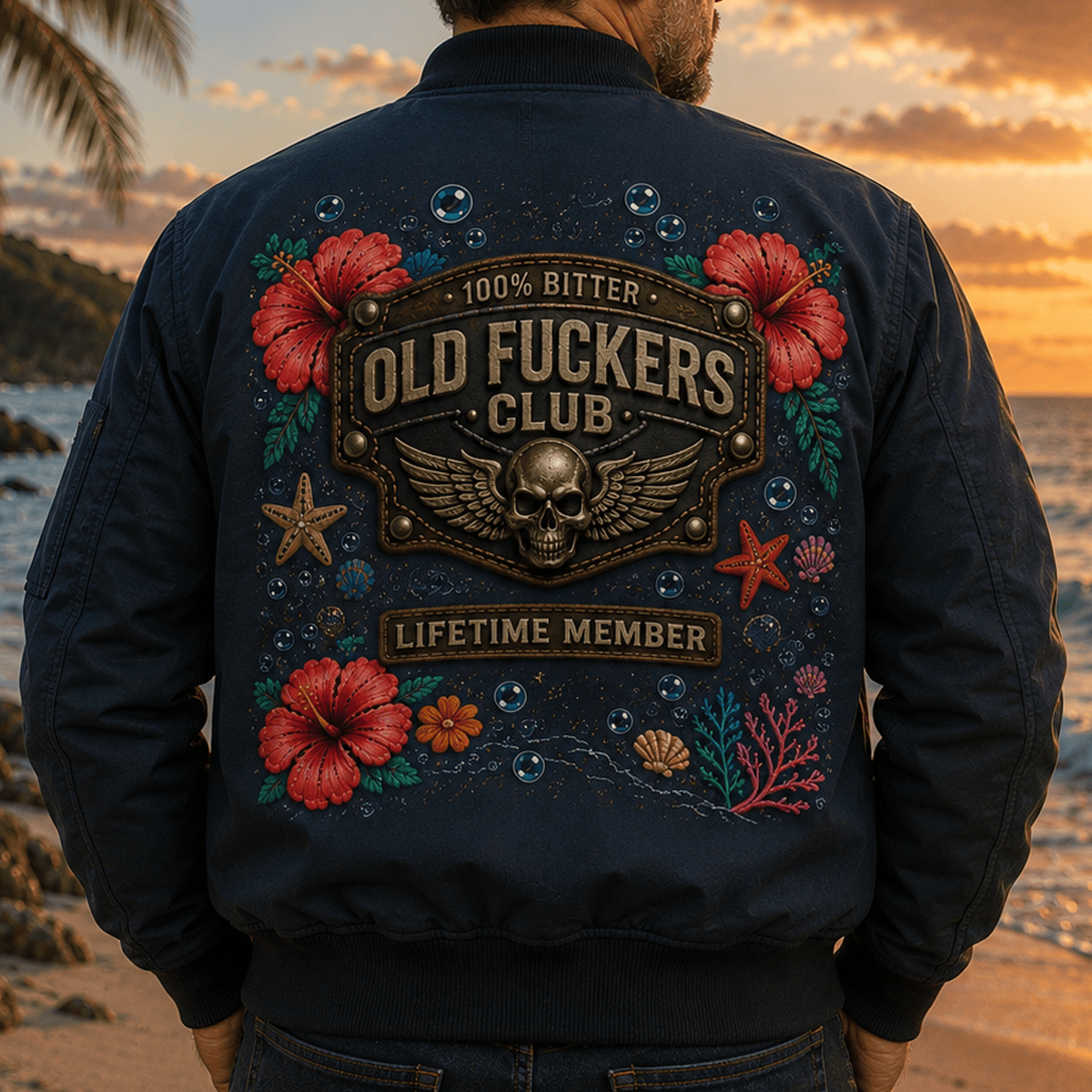Old Fuckers Club Lifetime Member Printed Bomber Jacket, Funny Skull Floral Graphic, Senior Humor Birthday Gift for Men