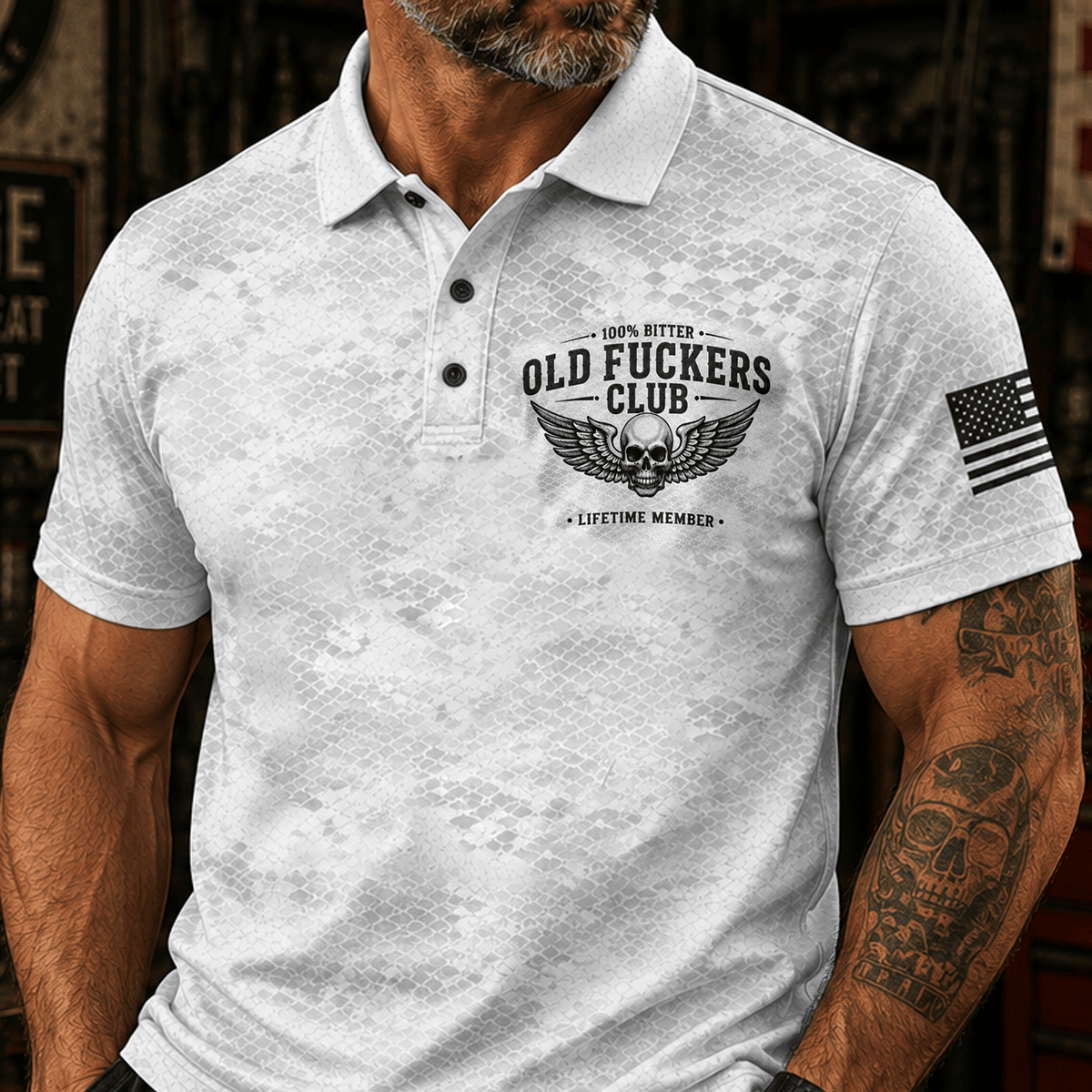 Old Fuckers Club Lifetime Member Printed Polo Shirt, Funny Old Man Skull Polo, Winged Skull Graphic Shirt, Senior Humor Gift for Men