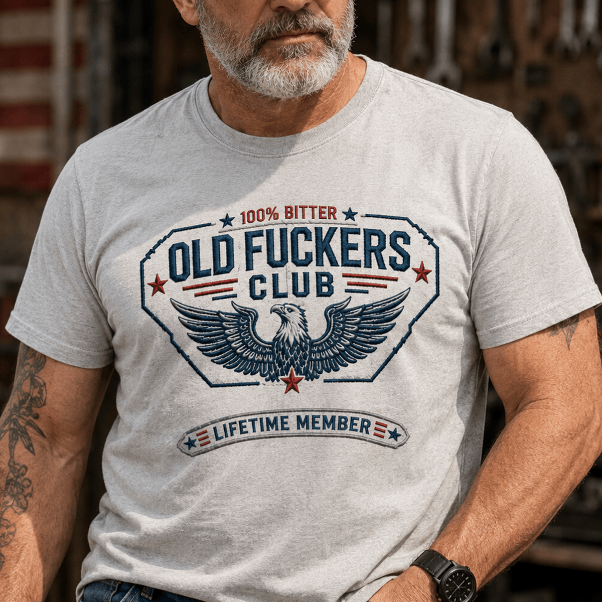Old Fuckers Club Lifetime Member Printed T-Shirt, Bald Eagle American Flag Graphic Tee, Funny Senior Humor Birthday Gift for Men
