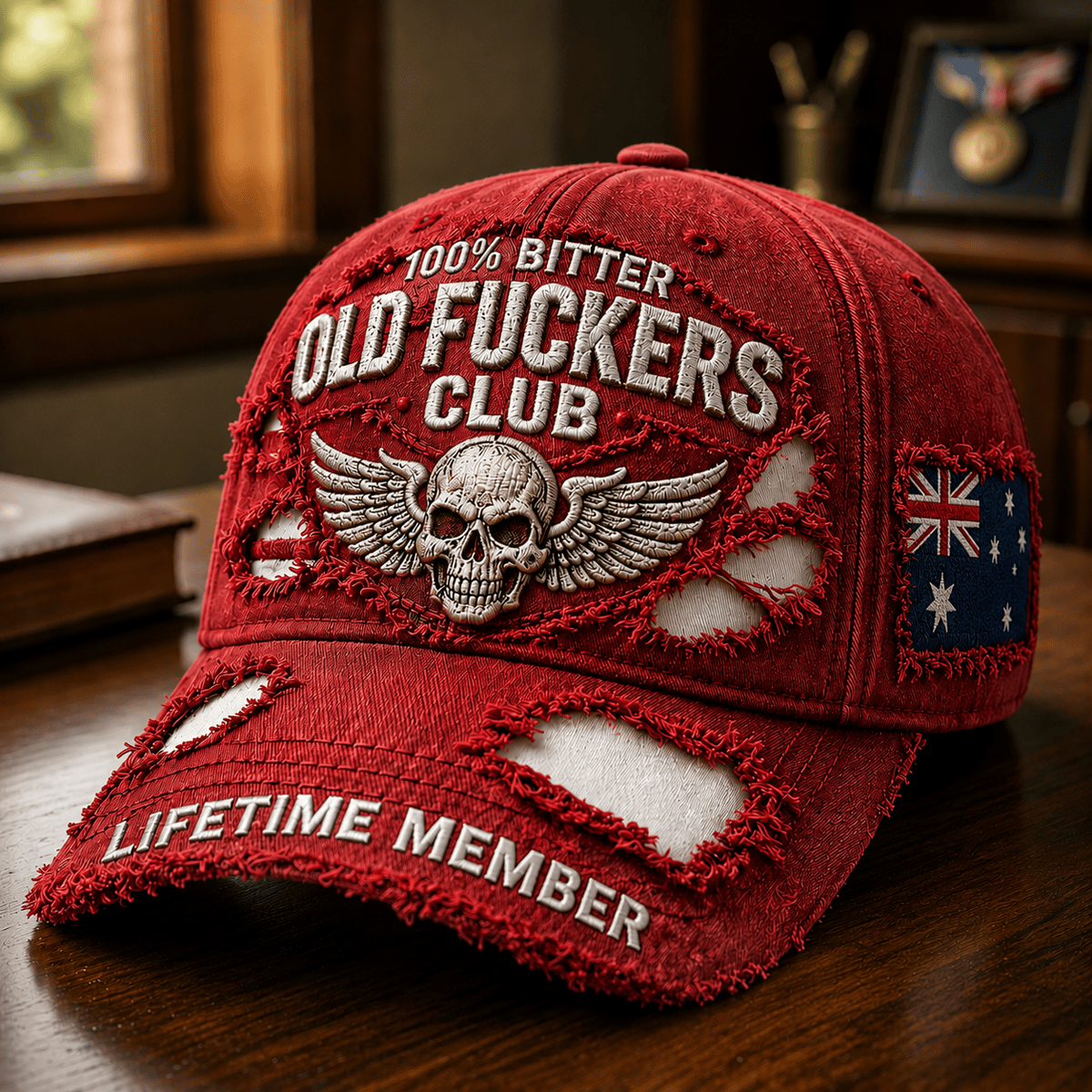 Old Fuckers Club Lifetime Member Printed Baseball Cap, Skull Wings Australian Flag Hat, Funny Old Man Senior Humor Gift for Men