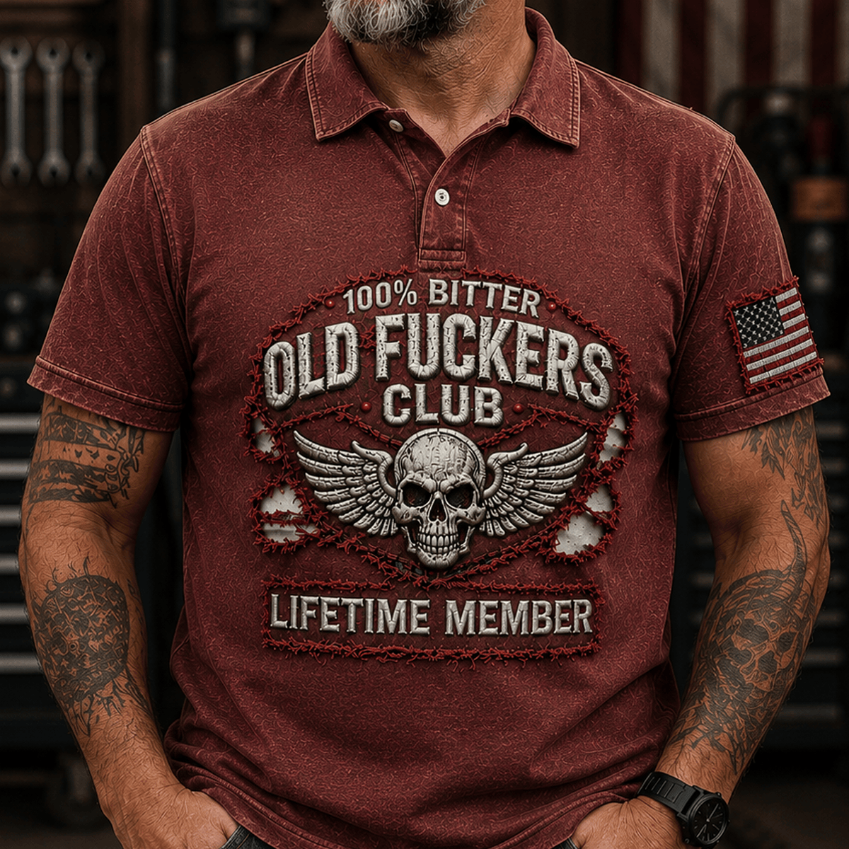 Old Fuckers Club Lifetime Member Printed Polo Shirt, Skull Wings American Flag Graphic, Funny Old Man Senior Humor Gift for Men