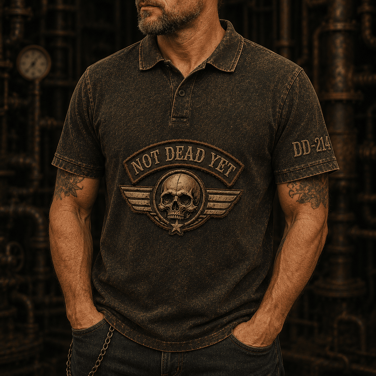 Not Dead Yet Skull Printed Polo Shirt, Funny Skull Polo Shirt, Biker Graphic Polo, Motorcycle Lover Gift, Vintage Skull Design for Men