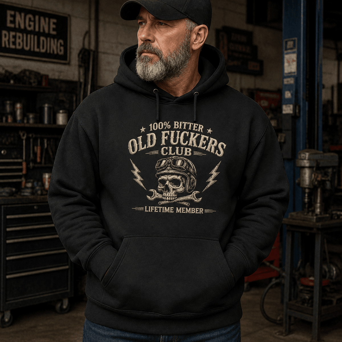 Old Fuckers Club Skull Printed Hoodie, Funny Mechanic Hoodie, Skull Graphic Hoodie, Garage Humor Gift for Men, Lifetime Member