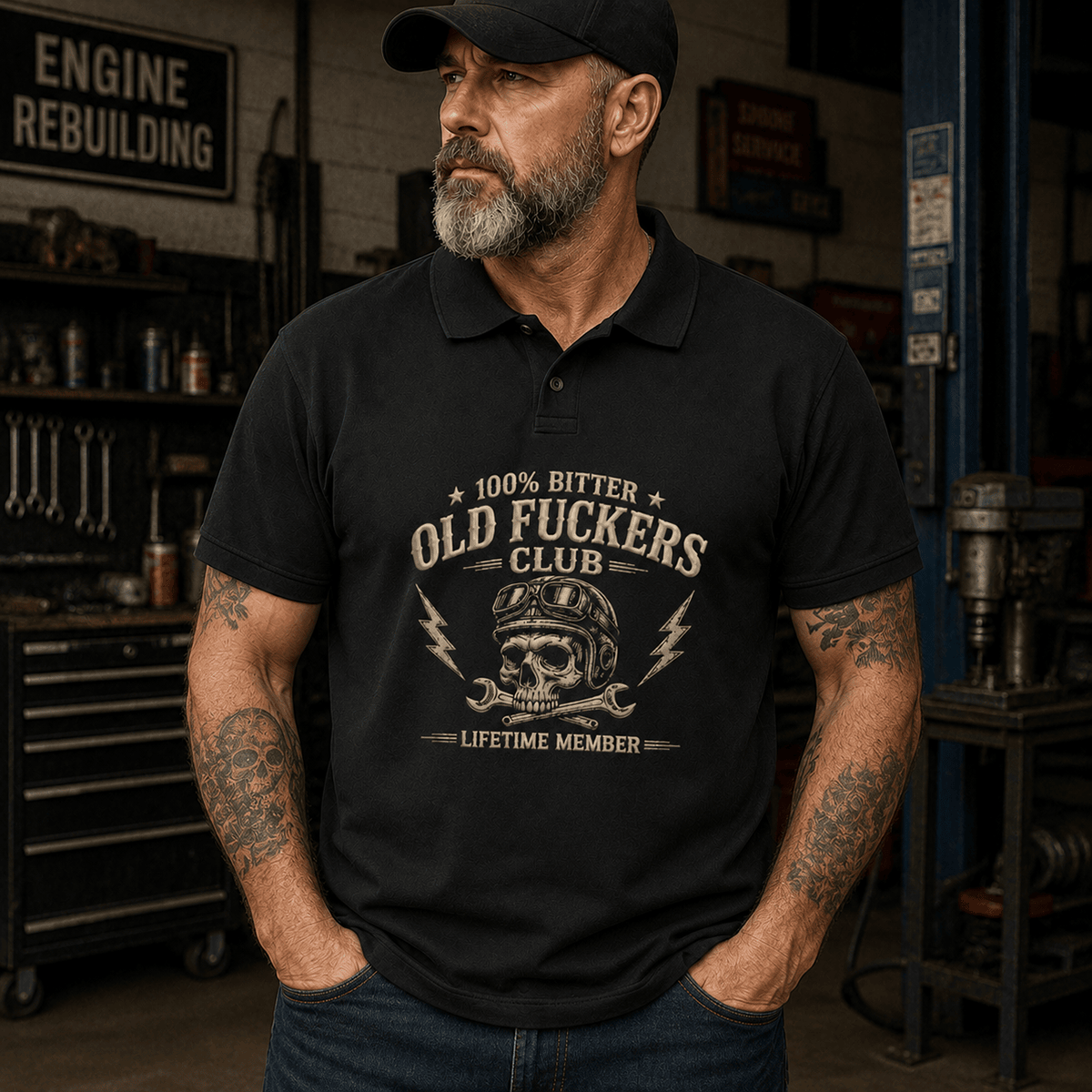 Old Fuckers Club Skull Printed Polo Shirt, Funny Mechanic Polo, Skull Graphic Shirt, Garage Humor Gift for Men, Lifetime Member