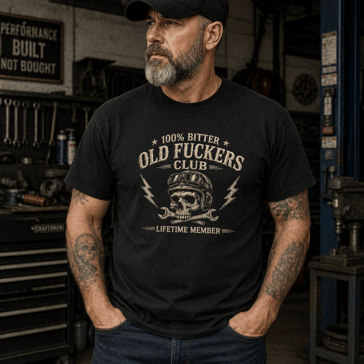 Old Fuckers Club Skull Printed T-Shirt, Funny Mechanic T-Shirt, Skull Graphic Tee, Garage Humor Gift for Men, Lifetime Member