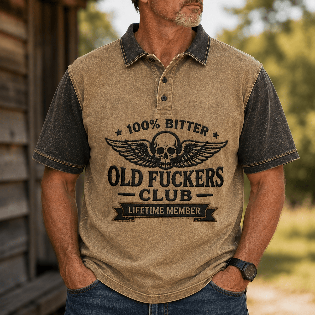 Old Fuckers Club Skull Printed Polo Shirt, Funny Old Man Polo, Skull Graphic Shirt, Biker Humor Gift for Men, Lifetime Member
